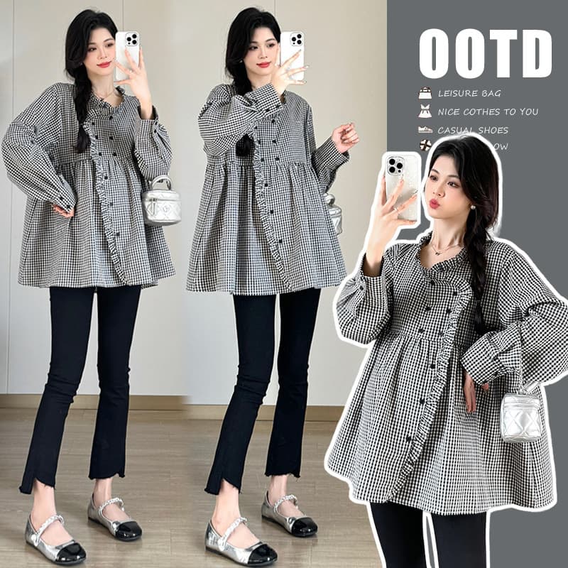 2024 Spring/Autumn Maternity Wear - New Arrival: Irregular Loose-fitting Plaid Shirt with Ruffled Trim Design