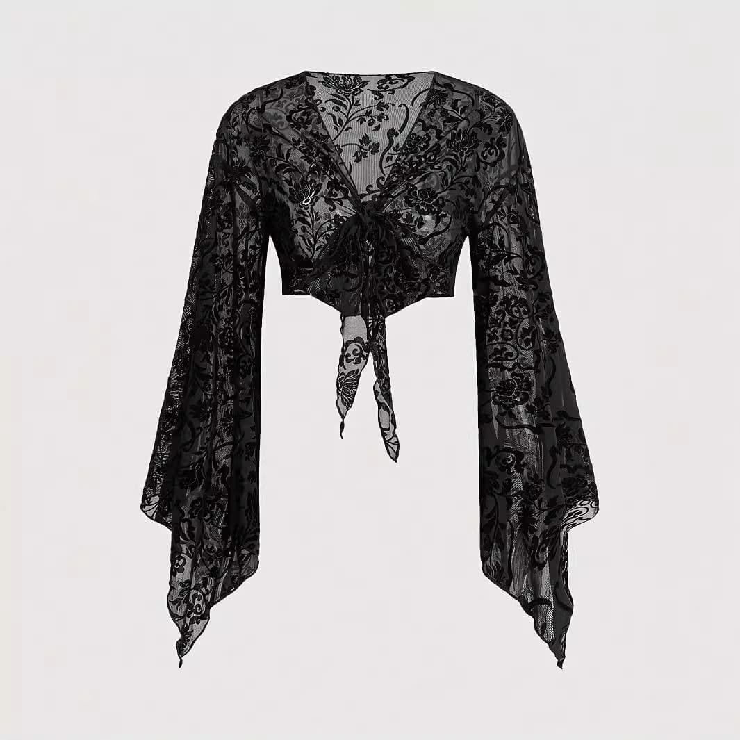 European and American Cross-border New Sexy Horn Sleeve Top Mesh All-match Lace-up Cardigan Short Navel Knit Sweater
