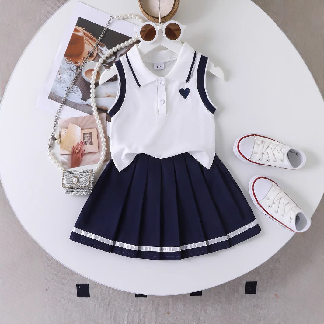 Kids' Off-White Polo Collar Vest + Blue Pleated Skirt for Amazon US/Europe