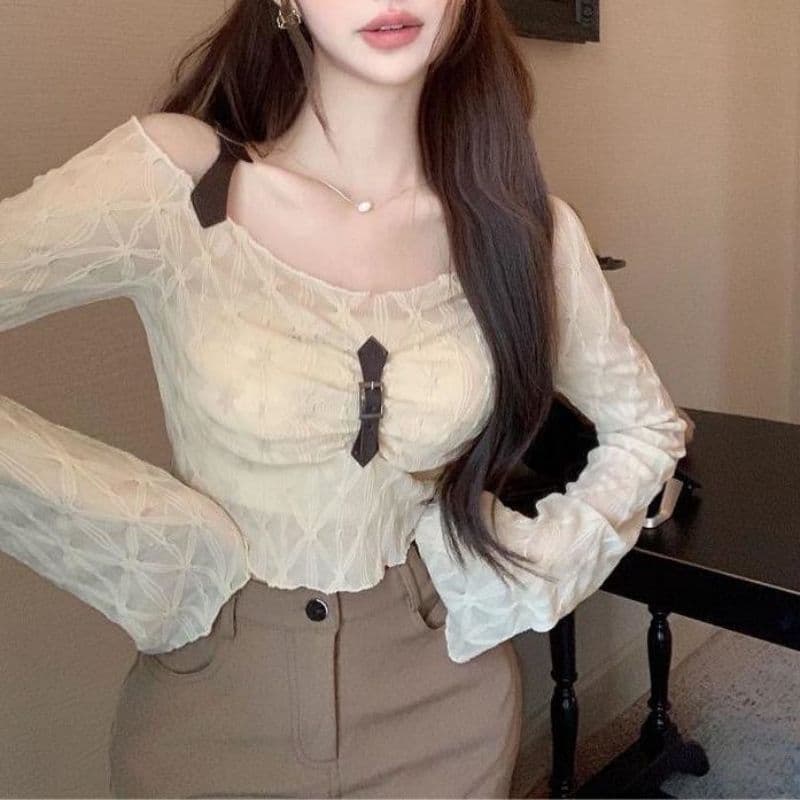 2025 Summer Hot Girl Off-Shoulder Thin Long Sleeve Women's Unique Cropped Ruffle Sun Protection Shirt Top