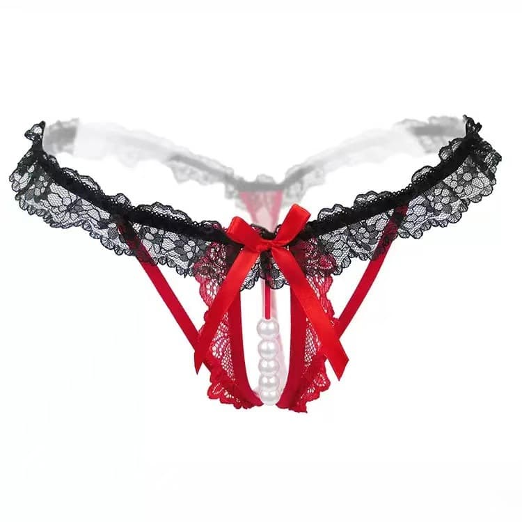 Jade clam beaded sexy underwear hollow sexy lace color matching women's underwear pearl massage open crotch sexy lace T