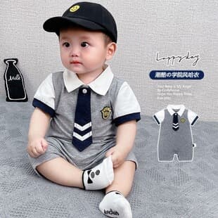 Baby Turn-down Collar Cotton Bodysuit Summer Newborn Clothes 0-18 Months Baby Boy Short Sleeve Crawling Suit