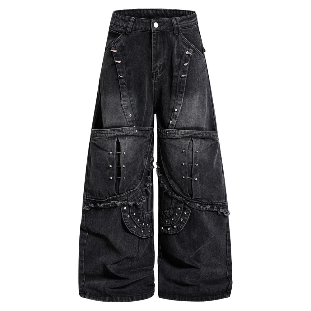 Vintage Washed Distressed Denim Work Pants for Men with Trendy Heavy Metal Design, Unique and Niche Style, Loose Wide-Leg Trousers