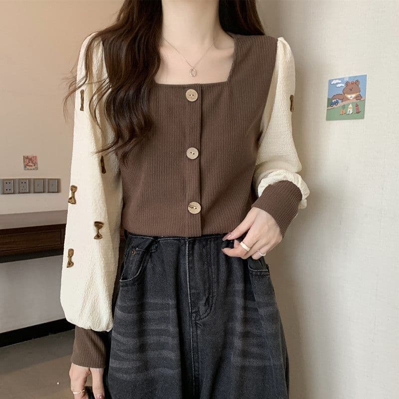 Large size French long-sleeved square-neck bottoming T-shirt for women in spring and autumn, fake two-piece bow tie stitching fat slimming top
