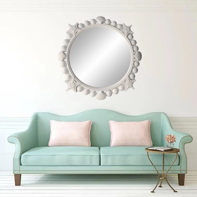 High-definition plastic ocean seashell-shaped round decorative mirror wall hanging mirror for bathrooms, children's theme hotels, and toilets.