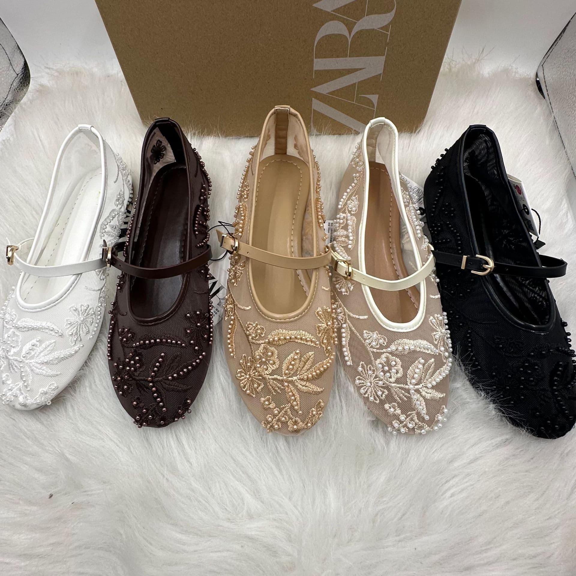 ZA Home 2025 New Women's Shoes Spanish Embroidery Fashion Low-Top Embroidered Mesh Flats