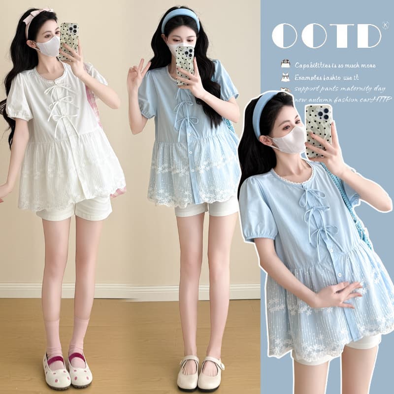 Summer new style embroidered mesh splicing for small pregnant women with loose design lace-up tops and belly-supporting shorts two-piece set
