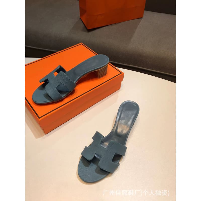 High heel slippers, versatile French-style outdoor wear, pink palm print genuine leather, chunky mid-heel sandals, one-strap slippers, export shoes