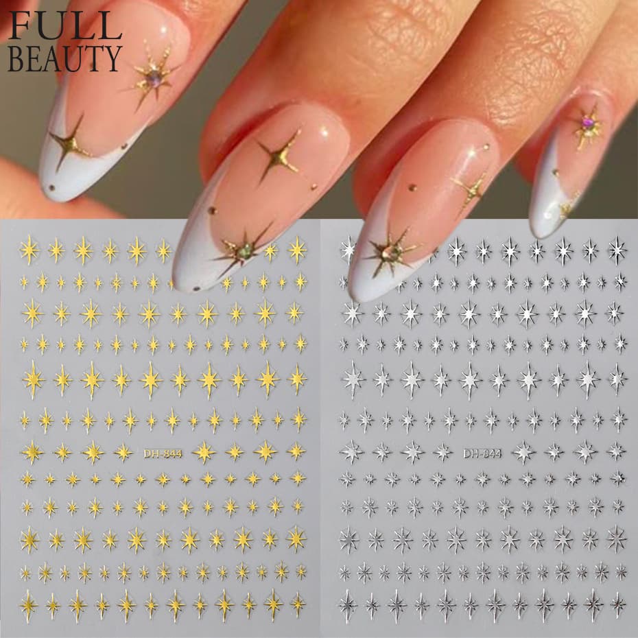 Cross-border Hot Selling Nail Sticker Set, Ins French Style Gold Star, Silver Star, Black and White Color Matching Self-Adhesive Nail Stickers