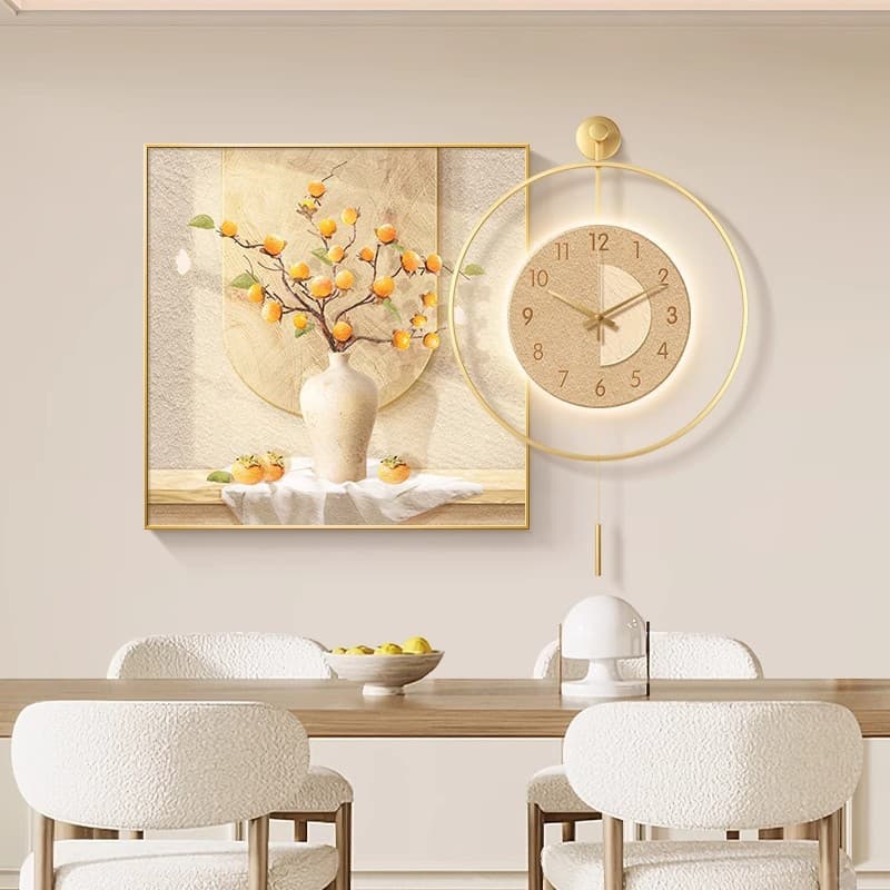 Log Style Restaurant Decorative Painting with Clock, Persimmon Dining Room Table Combination Hanging Painting, High-End Living Room Mural Hanging Clock