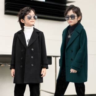 2023 New Autumn and Winter Boys' Double Breasted Stylish Wool Coat Thickened Children's Turn-down Collar Mid-length Wool Coat