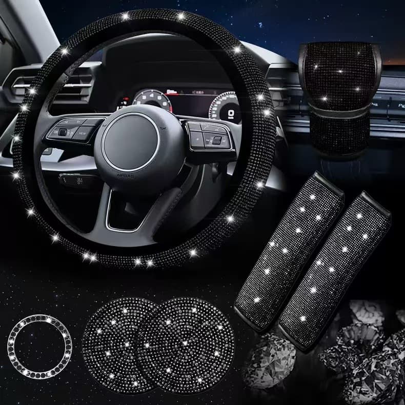 Cross-border Rhinestone 7-Piece Steering Wheel Cover Set with Diamond-Studded Seat Belt Cover, Full Rhinestone Gear Shift Cover, Cup Pad, and Air Vent Strip