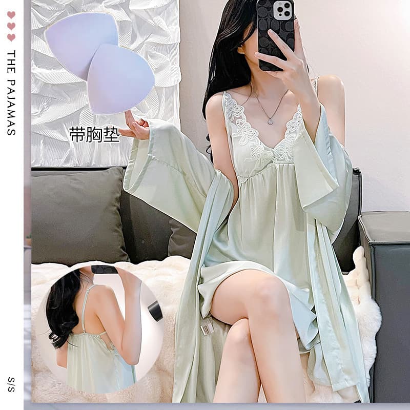 Summer Comfortable Ice Silk Sleepwear Set Thin Lace Pattern V-Neck Home Clothes Skin-Friendly with Chest Pad Women's Nightgown
