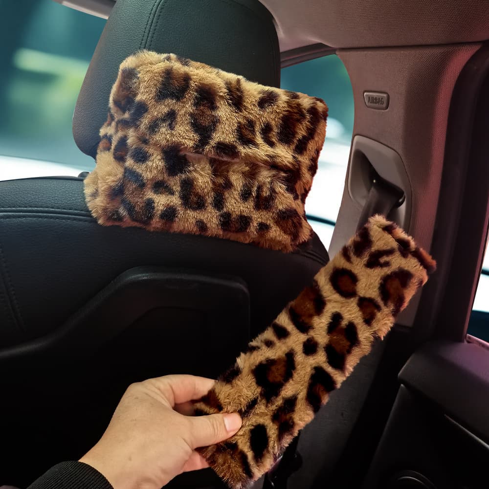 Plush Leopard Print Car Tissue Box, Fashionable Hanging Tissue Holder, Creative Car Interior Accessory Tissue Dispenser