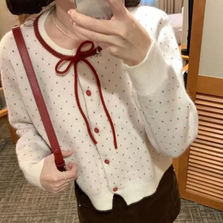 New Design Contrast Color Round Neck Heart Jacquard Knit Cardigan Spring Loose Long Sleeve Top Sweater Jacket