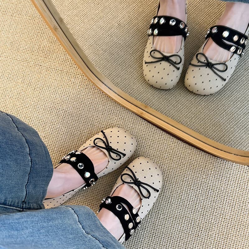 French Retro Style Bow-Knot Polka Dot Mary Jane Shoes for Women 2026 New Spring Versatile Ballet Flats