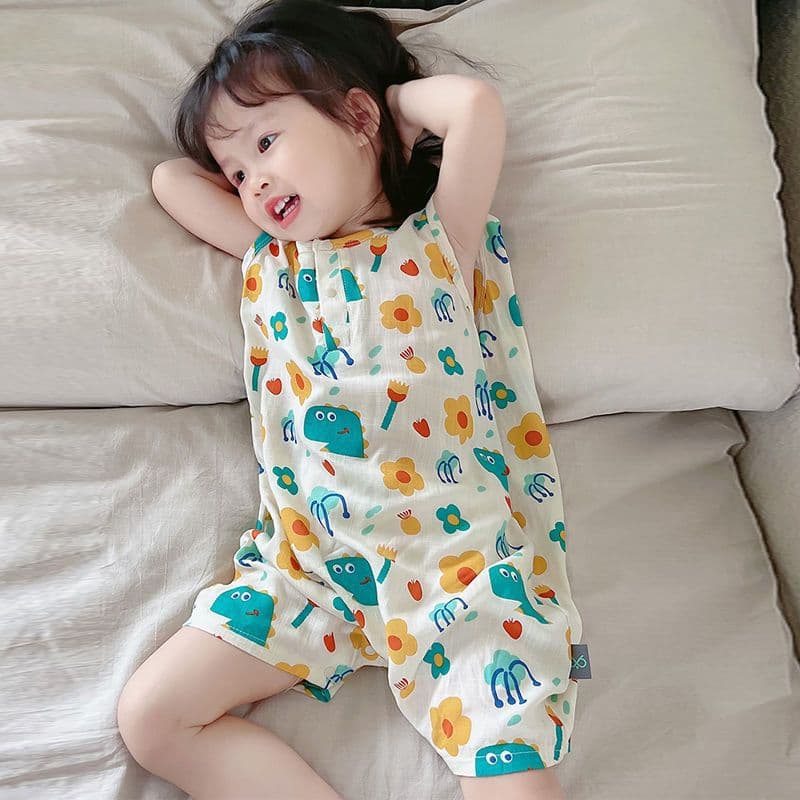 Summer baby pajamas, baby home clothes, jumpsuits, cotton and linen gauze children's sleeveless thin air-conditioned clothes for boys and girls