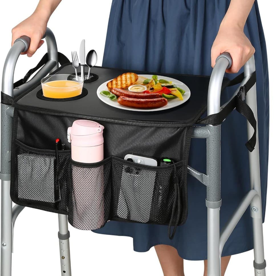 Folding walker tray, detachable tray for elderly walkers with cup holder and meal plate.