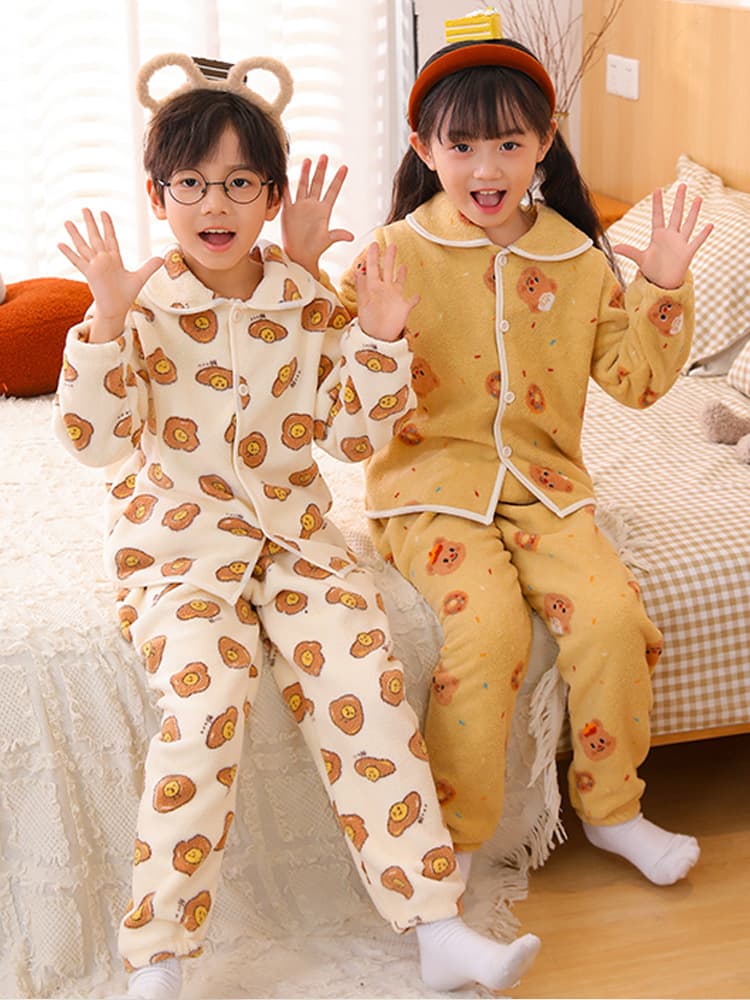 Children's Pajamas Boys Flannel Cardigan Winter Thickened Girls Coral Fleece Loungewear Set for Primary and Middle School Students