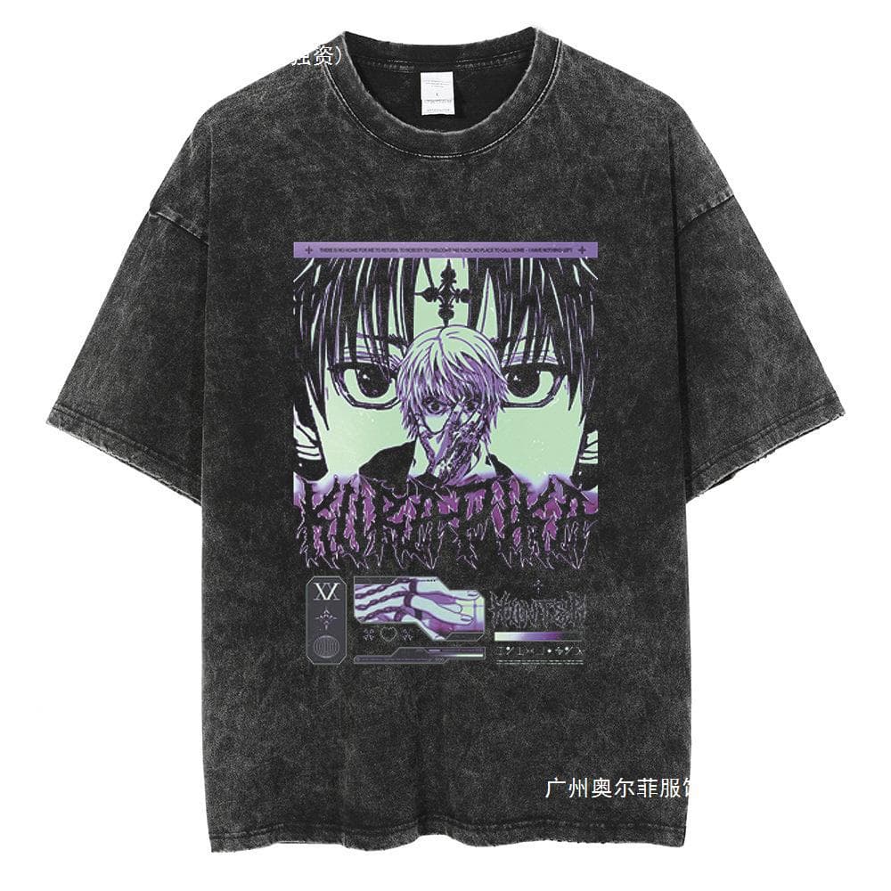 Anime New Brand Washed Distressed T-Shirt Men's Foreign Trade New Hunter x Hunter Anime Merchandise Printed Pure Cotton Short Sleeve