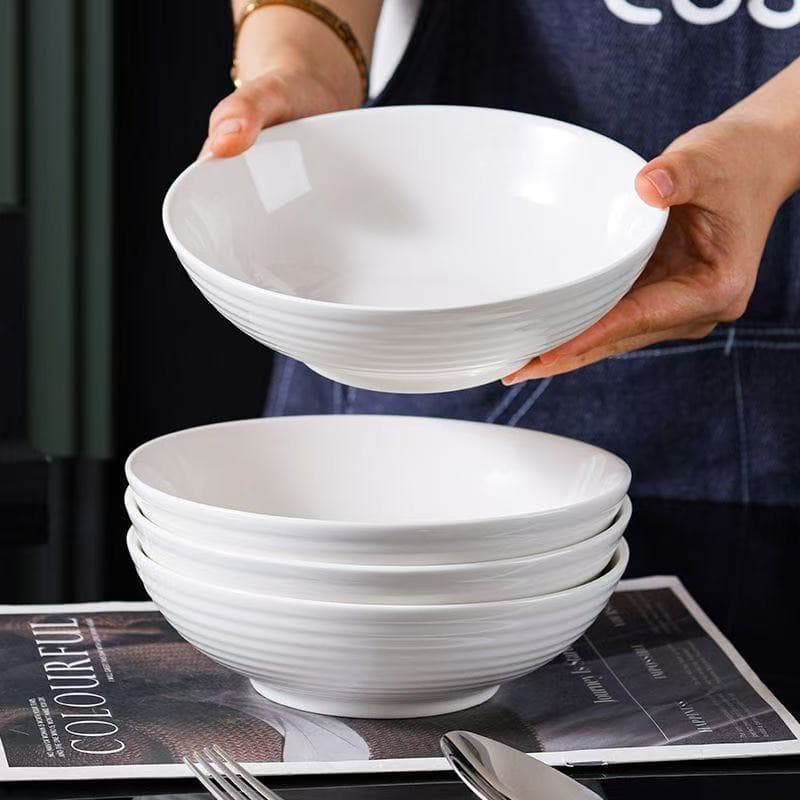 Pure White Ceramic Bowl, Home Soup Bowl, Noodle Bowl, Horizontal Grain Salad Bowl, Nordic Style Creative Thread Bowl, Material Bowl Tableware