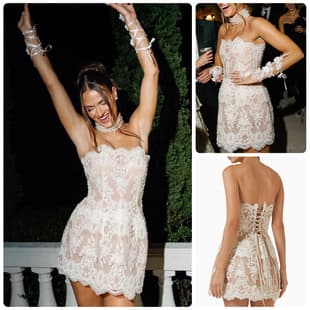 Lace Trim Eyelash Lashes Strapless Sweetheart Neckline White 3D Floral Sequin Bustier Short Prom Dress