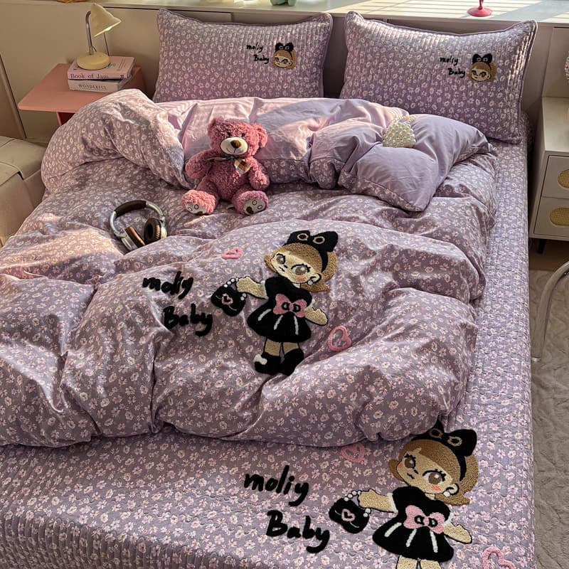 Towel Embroidery Washed Cotton Quilted Bed Cover 4-Piece Set, Light Luxury Premium Feel Duvet Cover, Pure Cotton Washed Cotton Bed Cover 3-Piece Set
