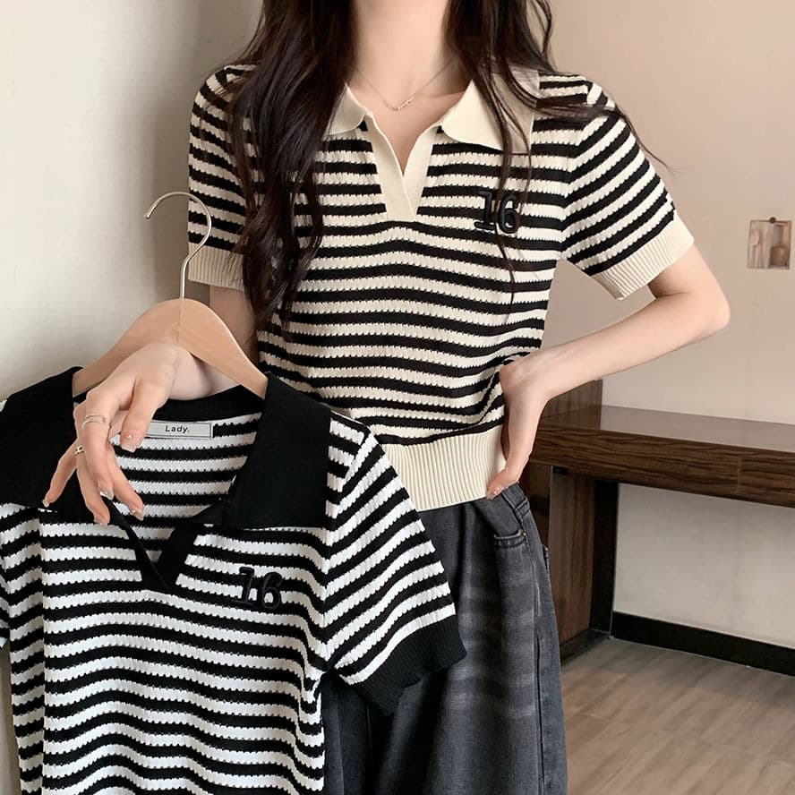 Ice Silk Striped Polo Neck Short Sleeve T-Shirt for Women 2026 New Summer Plus Size Fat MM Regular Shoulder Short Knit Top