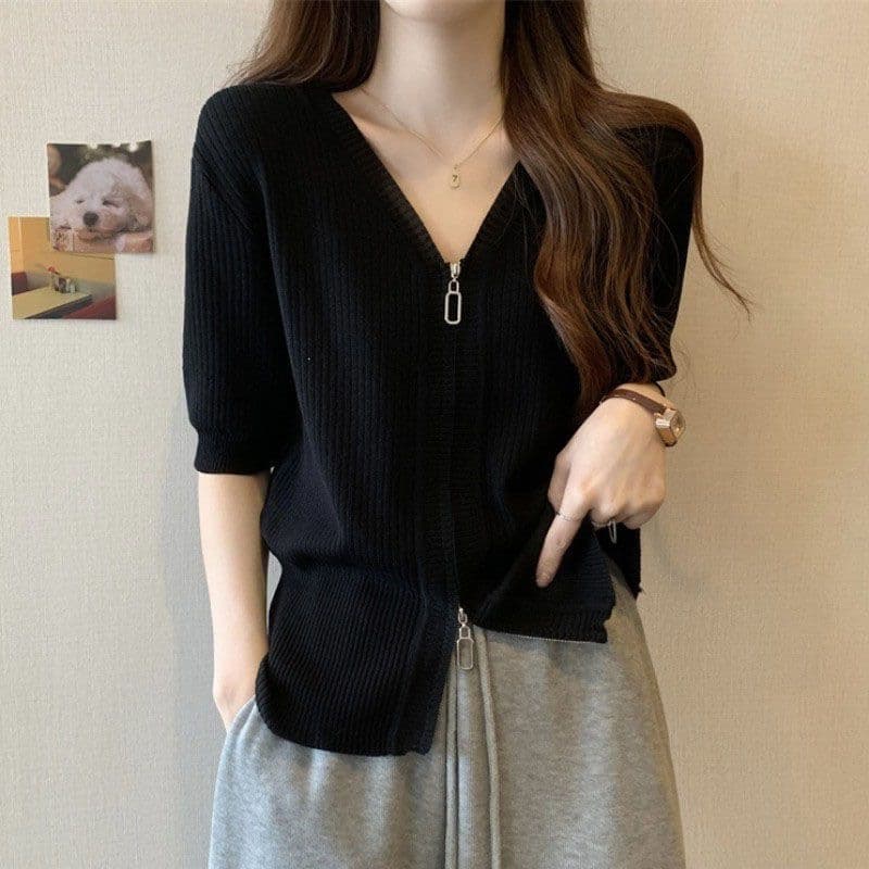 V-Neck Ice Silk Short Sleeve Knit Top Women Korean Summer New Slim Fit Cardigan Double Zipper Front Zipper Top