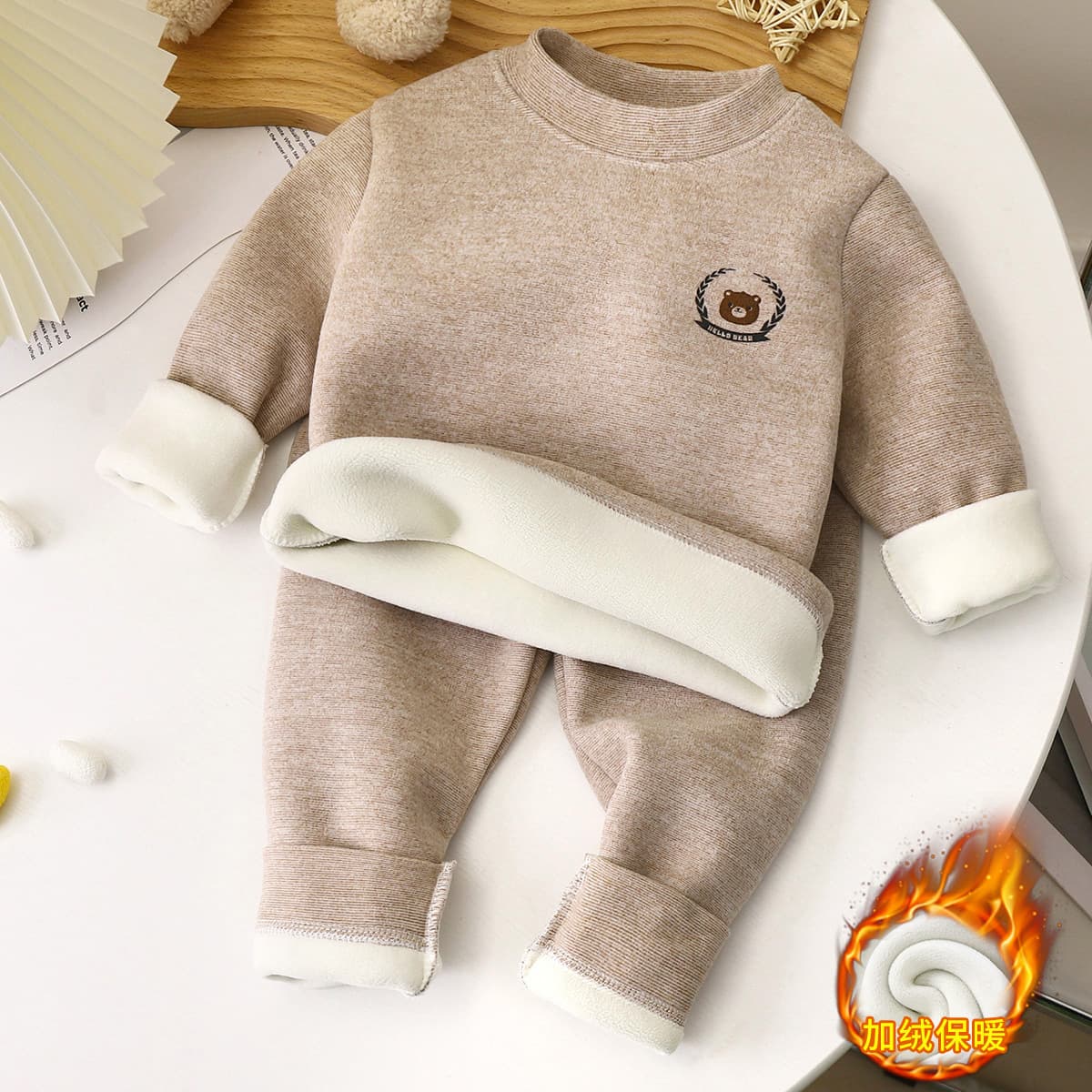 Children's Thermal Underwear Set Winter New Baby Fleece-Lined Thick Boys Girls Long Sleeve Top and Bottom Pants