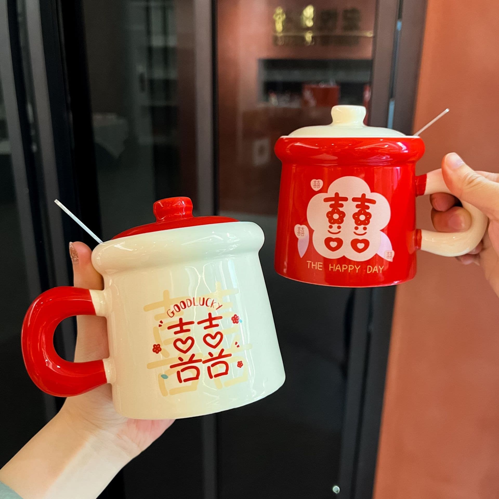 Wedding Gift Double Happiness Couple Mugs, High-End Design, Pair of Mugs with Gift Box