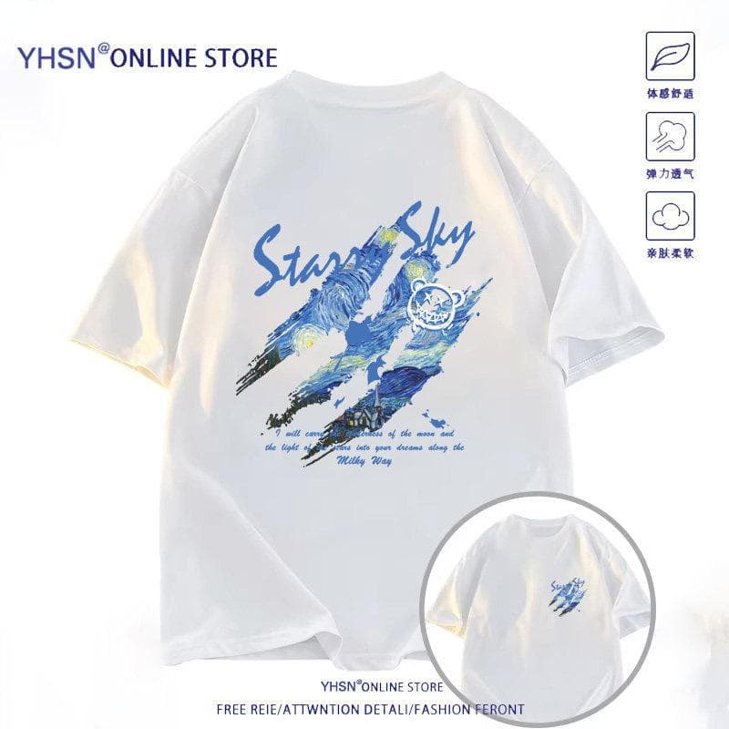 Fireworks Youth / Van Gogh Starry Night 260g Pure Cotton Short Sleeve T-Shirt Men's 2026 New Summer Top Kids Wear