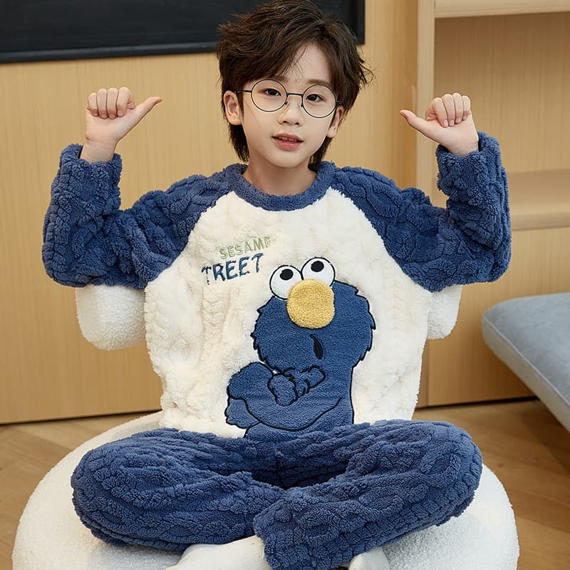 Flannel children's pajamas men's autumn and winter coral velvet new style boys' plus velvet thickened boys' warm home clothes winter