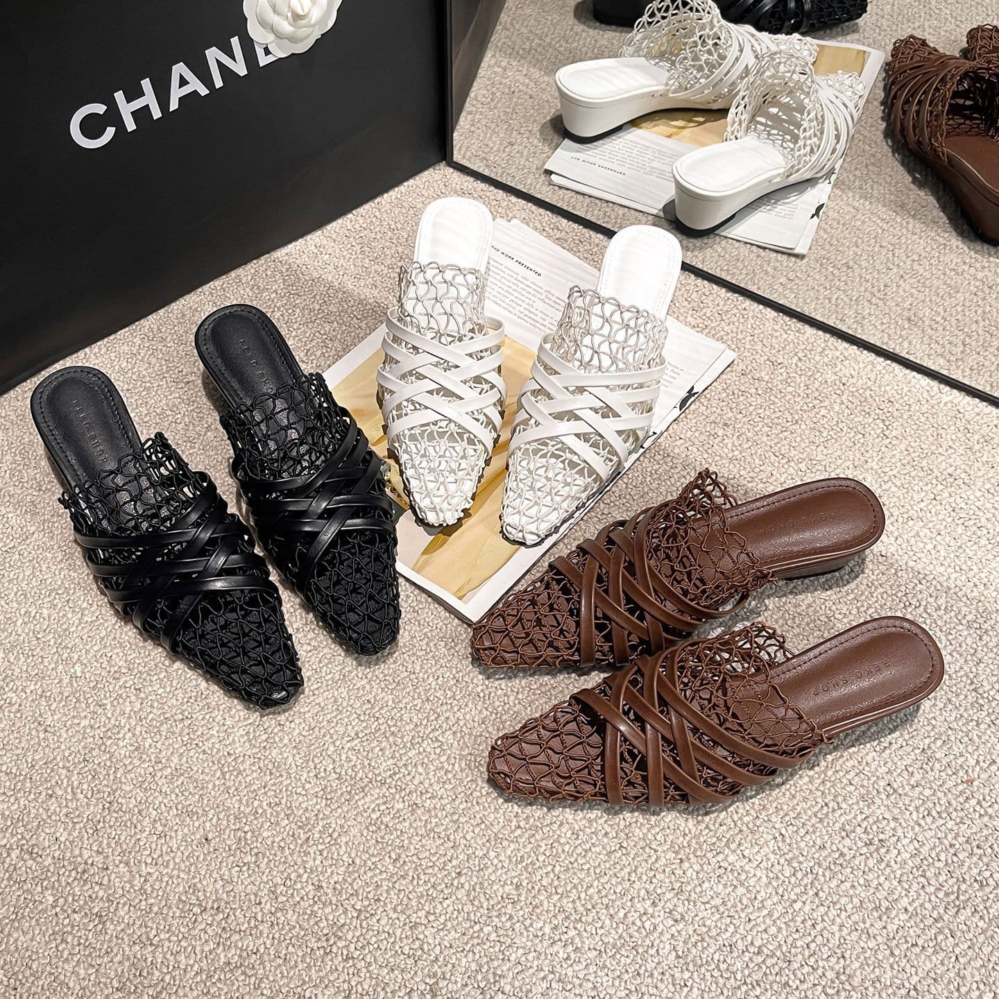 Korean Woven Square-Toe Mule Sandals for Women 2026 Summer New Hollow Wedge Heel Open-Toe Dressy Closed-Toe Slip-On