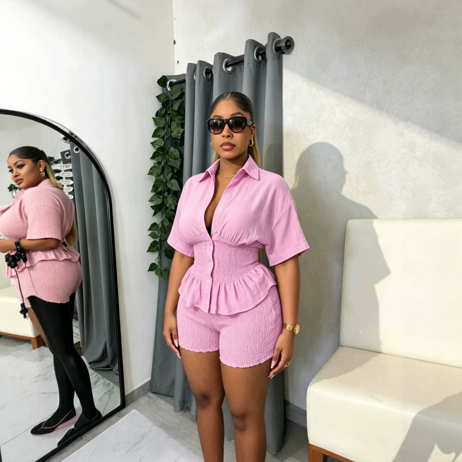 African Women's Suit Set, Cross-Border European and American Style, Solid Color Turn-Down Collar Fitted Blouse with High-Waist Shorts, Short Sleeve Casual Two-Piece Set for Women