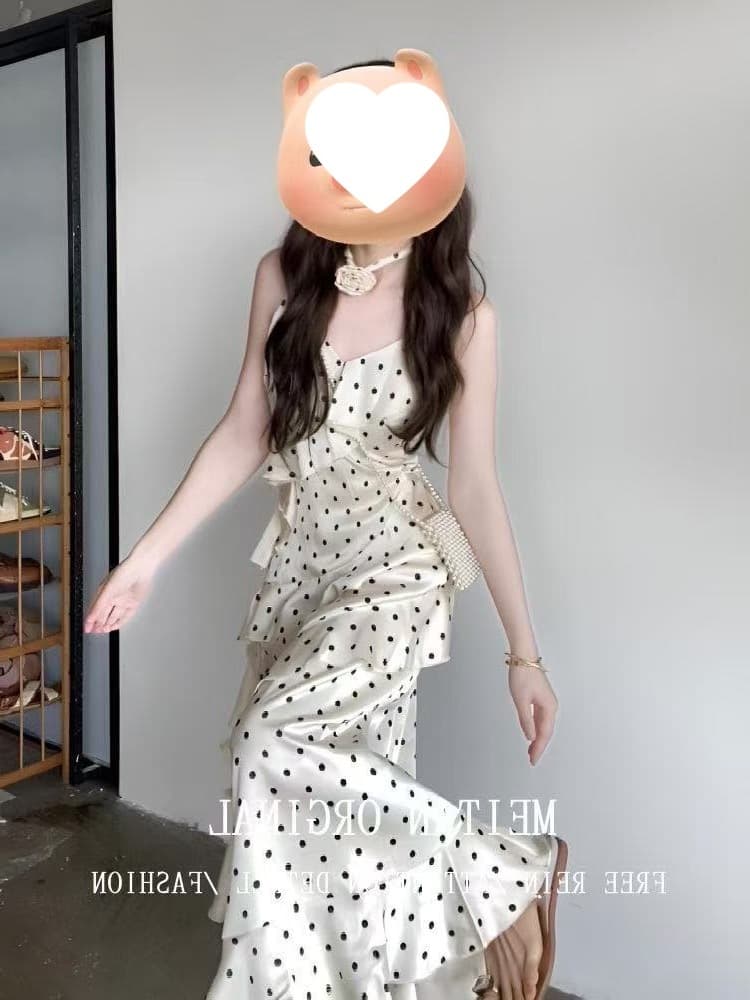 French Polka Dot Camisole Dress Women 2026 Spring Summer New High Waist Slimming Pure Desire Ruffled Hem Long Dress