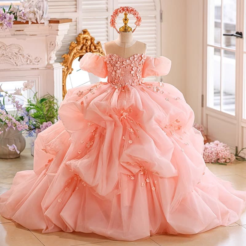 Children's Formal Dress Pink Wedding Flower Girl Birthday Princess Dress Girl Catwalk Host Piano Performance Gown Wholesale