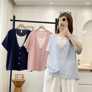 2026 Summer Two-Layer T-Shirt, Short Sleeve Plus Size Women's Contrast Color Casual Top, Slimming Blouse for Full-Figured Women, Style 825