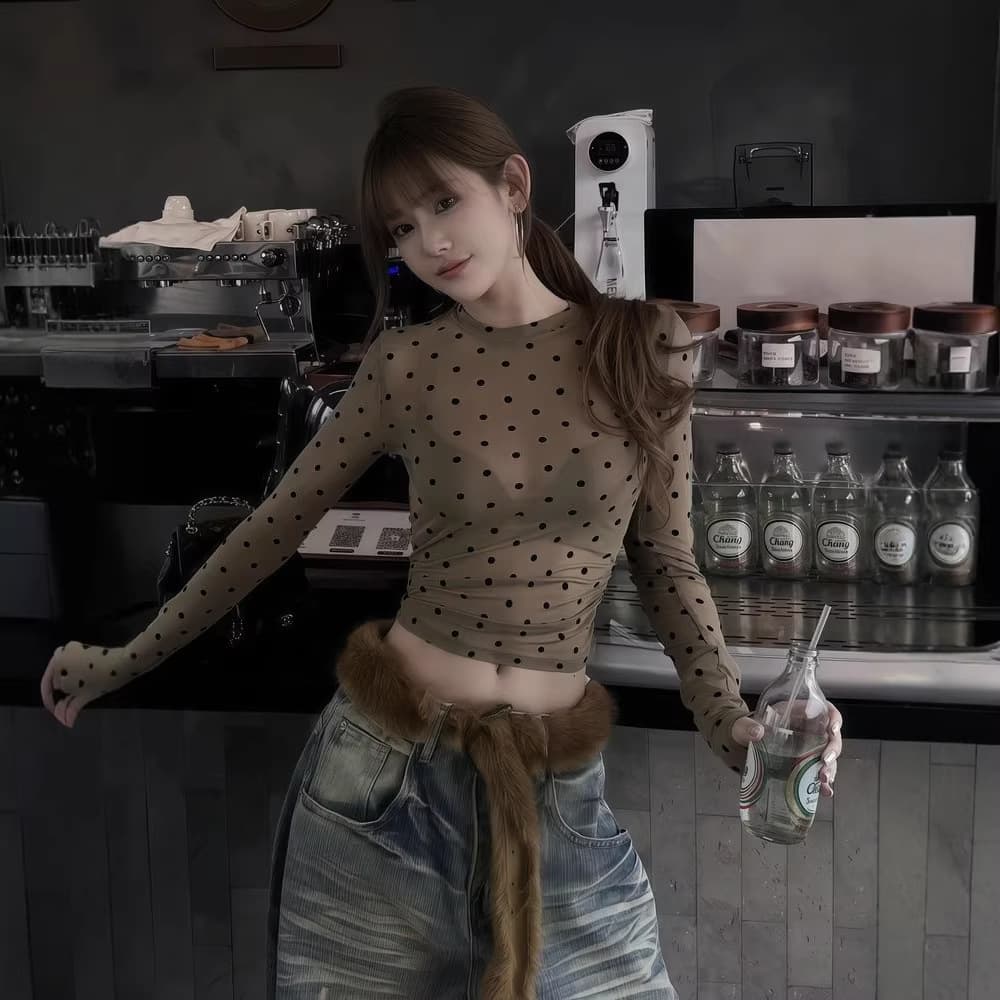 Korean Style Polka Dot Mesh T-Shirt, Round Neck, Slim Fit, Summer Design, Petite Figure, Height-Enhancing and Slimming Top