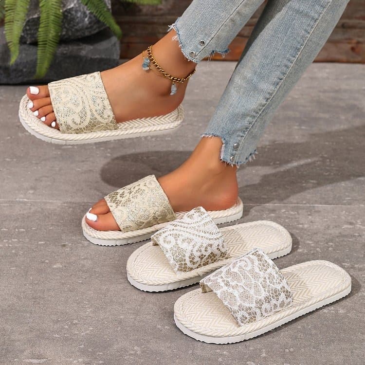 Japanese Linen Slippers for Women, Little Fragrance Style, Home Slippers for Couples, Four-Season Open-Toe Slippers, Quiet Floor Slippers for Guests