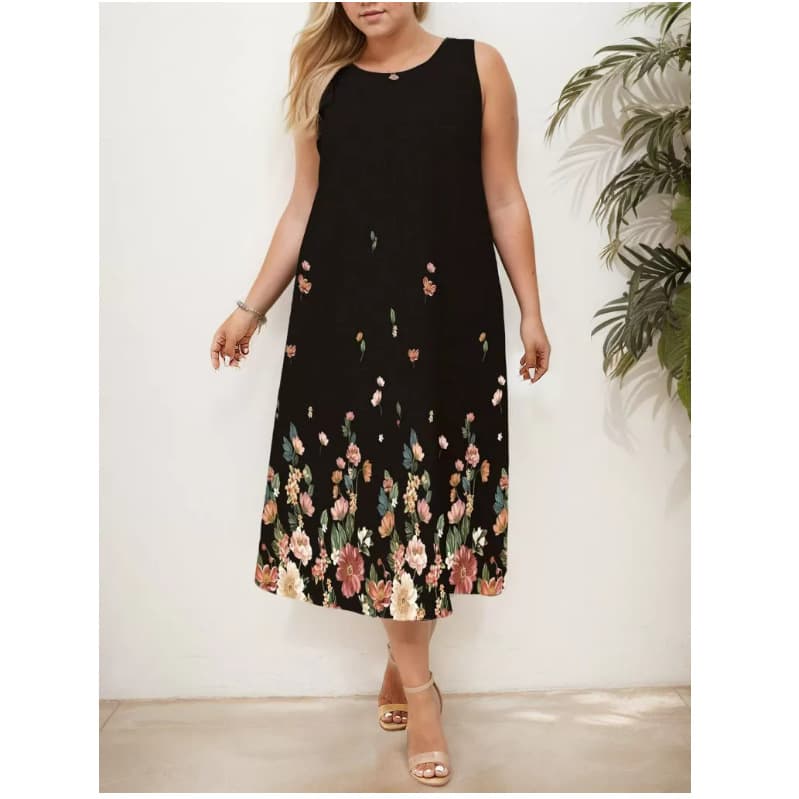 Cross-border Trade eBay Amazon Wish Spring and Summer Floral Print Round Neck Midi Dress for Women