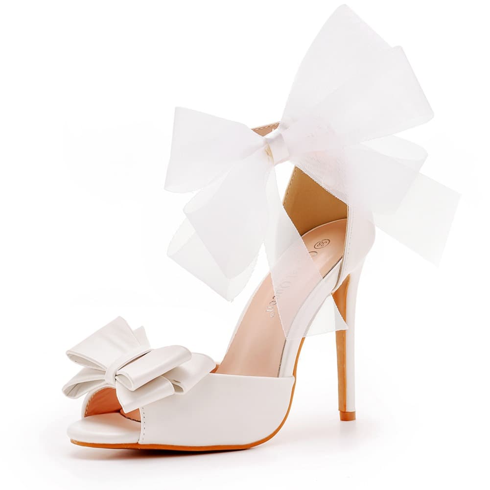 11cm Peep Toe High Heel Sandals Shallow Mouth White Large Size High Heel Sandals Bow Thin Heel Round Toe Sandals Size 46