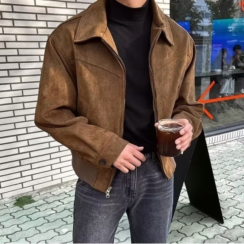 Spring/Autumn Korean-style Short Flight Jacket for Men, Loose Notched Lapel Zipper Youth Hong Kong Style Light Luxury Coat Trendy
