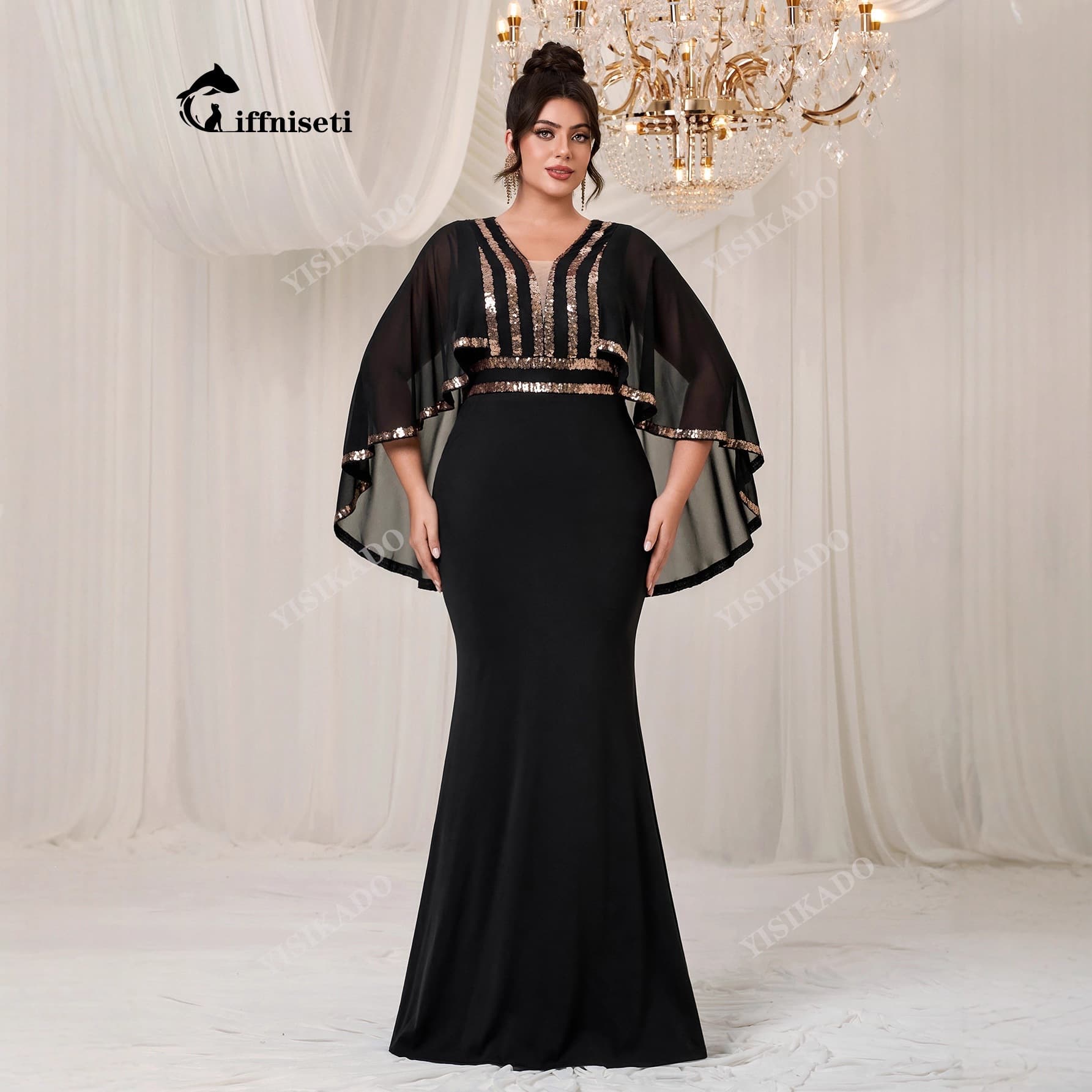 New Large Size Dress, Shawl Sleeves, Waisted Fishtail Dress, Elegant Classic Fashion Evening Dress - FSSN1313