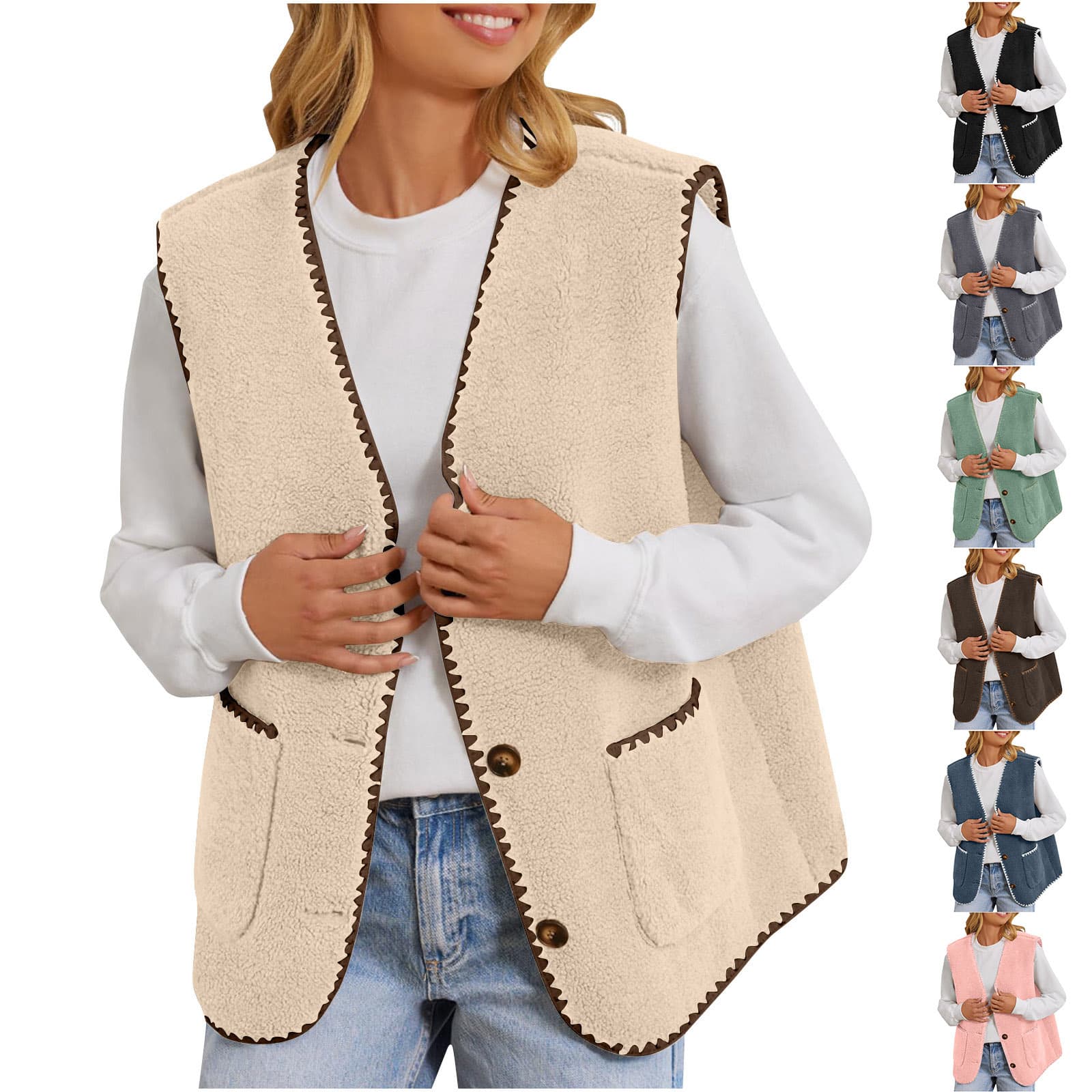 Cross-border European and American young and middle-aged ladies' vests sleeveless single-breasted sherpa vest tops autumn and winter style vests versatile