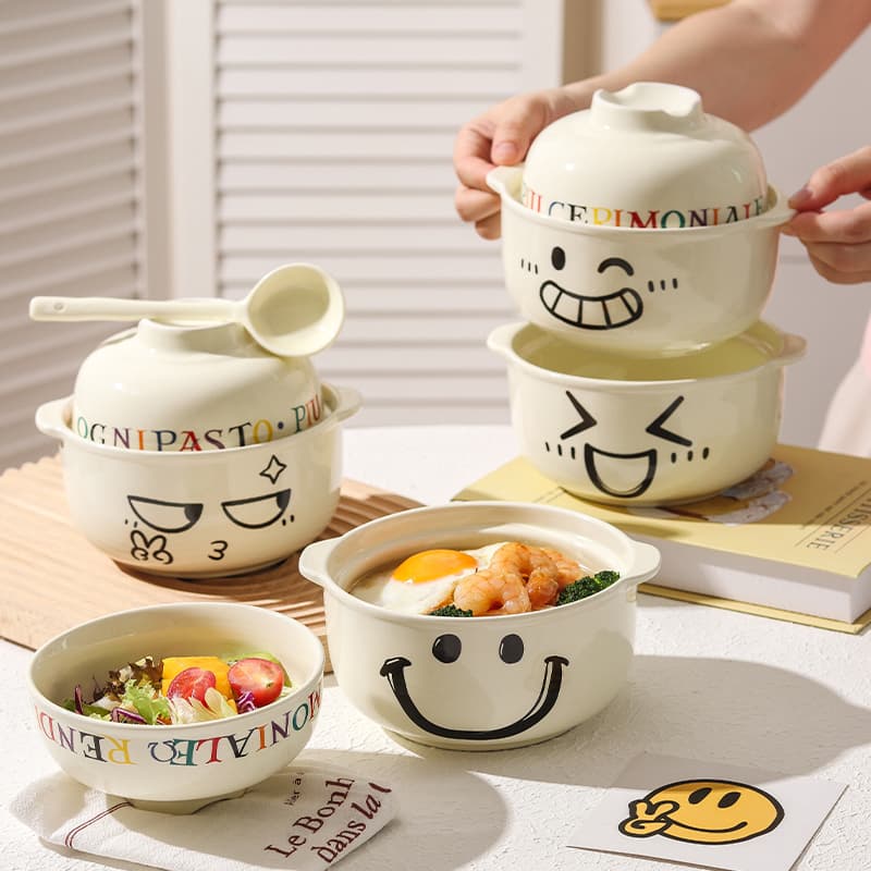 Cute Ceramic Instant Noodle Bowl with Lid, Large Capacity, for Student Dormitory, Convenient Noodle and Suifen Bowl, Double Ear Soup Bowl for Home
