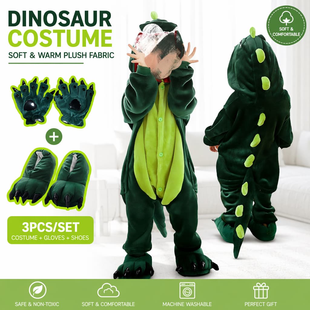 Cross-border autumn and winter flannel dinosaur pajamas animal cute onesie suit performance clothing manufacturer wholesale green dinosaur