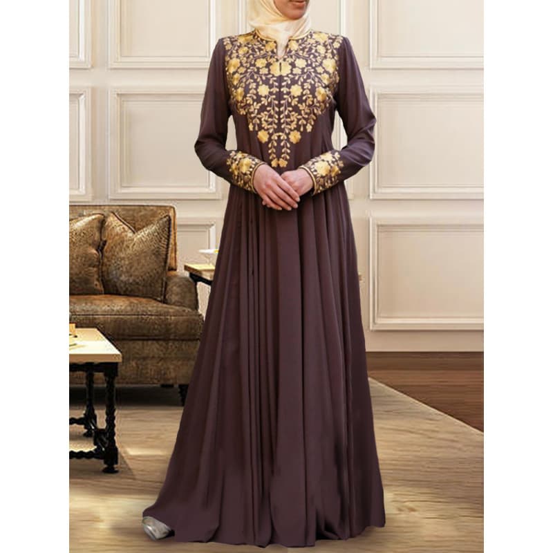 Amazon Cross-Border Hot Selling Abaya Dresses Hem Pleated Gold Foil Print Dress