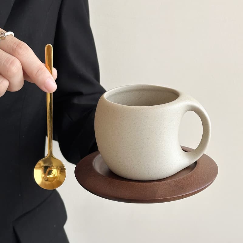 Premium Vintage Ceramic Latte Mug Set with Spoon, Rustic Stoneware Coffee Cup for Afternoon Tea
