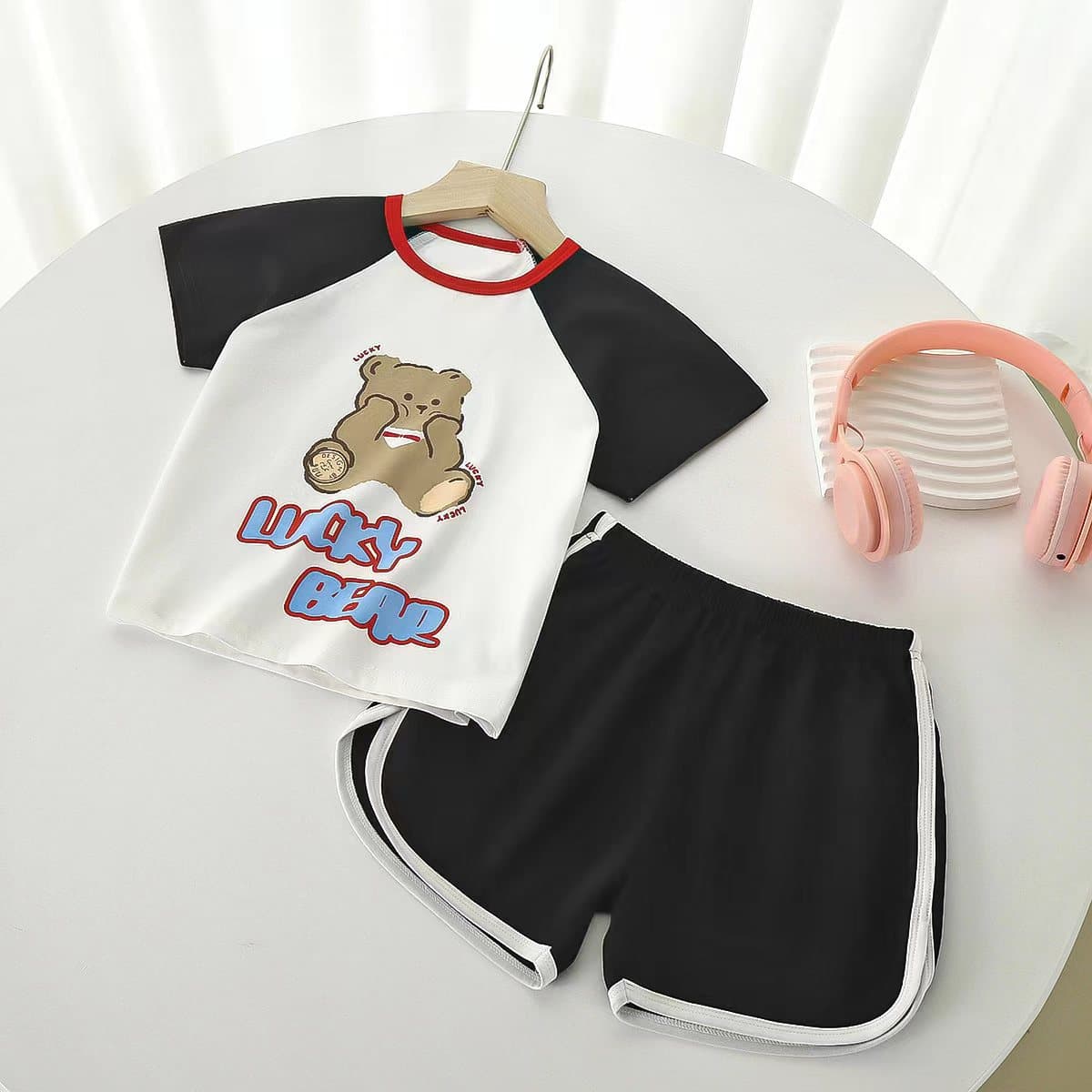 Summer New Korean Short-Sleeve Sportswear Set, Cartoon Children's Summer Outfit, Anime-Inspired Neutral Thin Style
